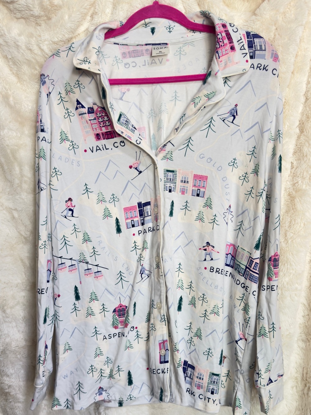 Soma White Pajama Top with Ski Town Print in Pink & Green
